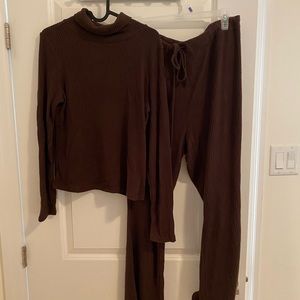 Babaton Traverse turtleneck with matching drawstring pants in rich mocha brown
